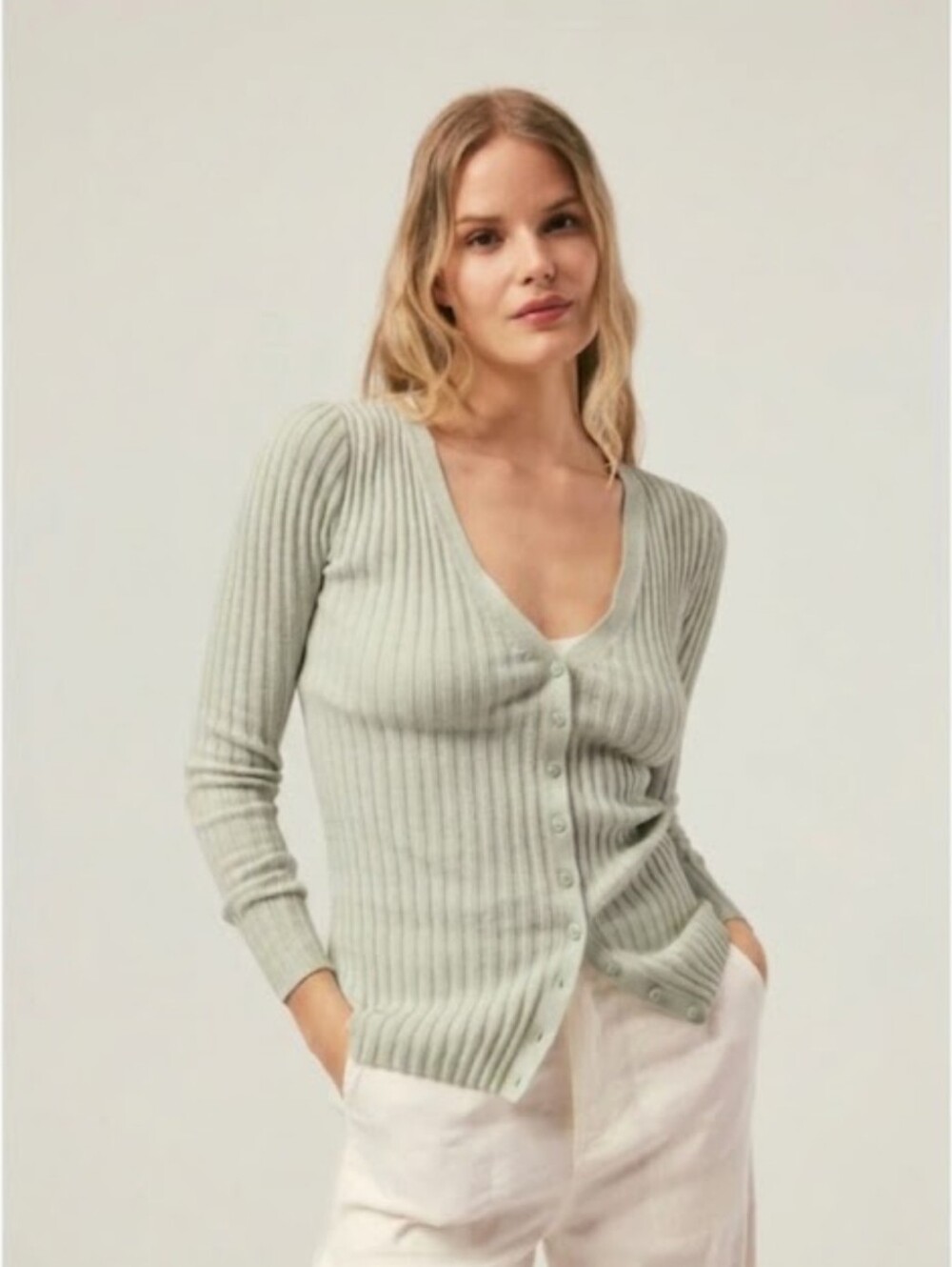 Alp N Rock Jules Cardigan Ribbed Sweater in Celadon Small 100% Organic Cotton